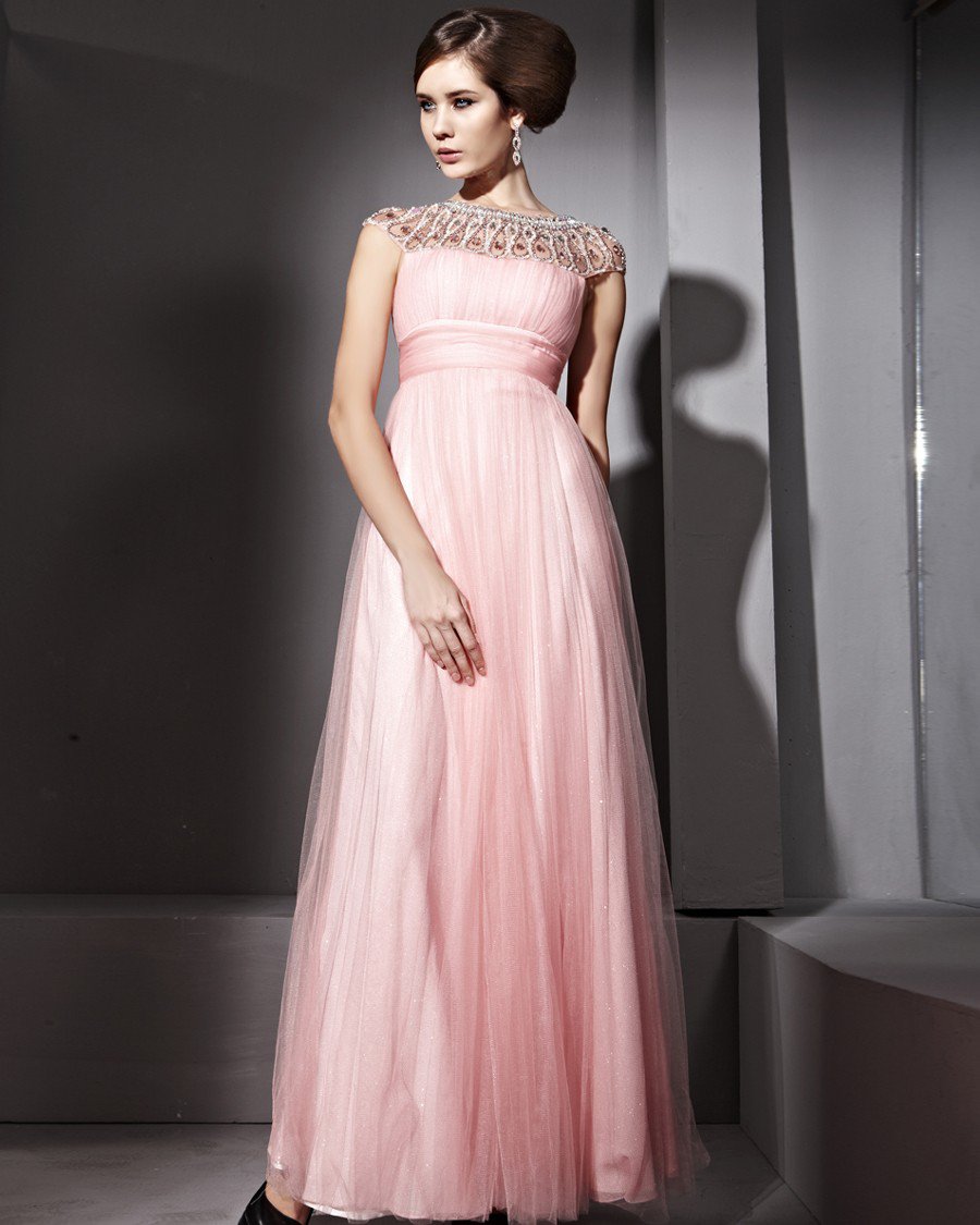 Floor Length Rhinestone Jewel Charmeuse Sleeveless Evening Dresses