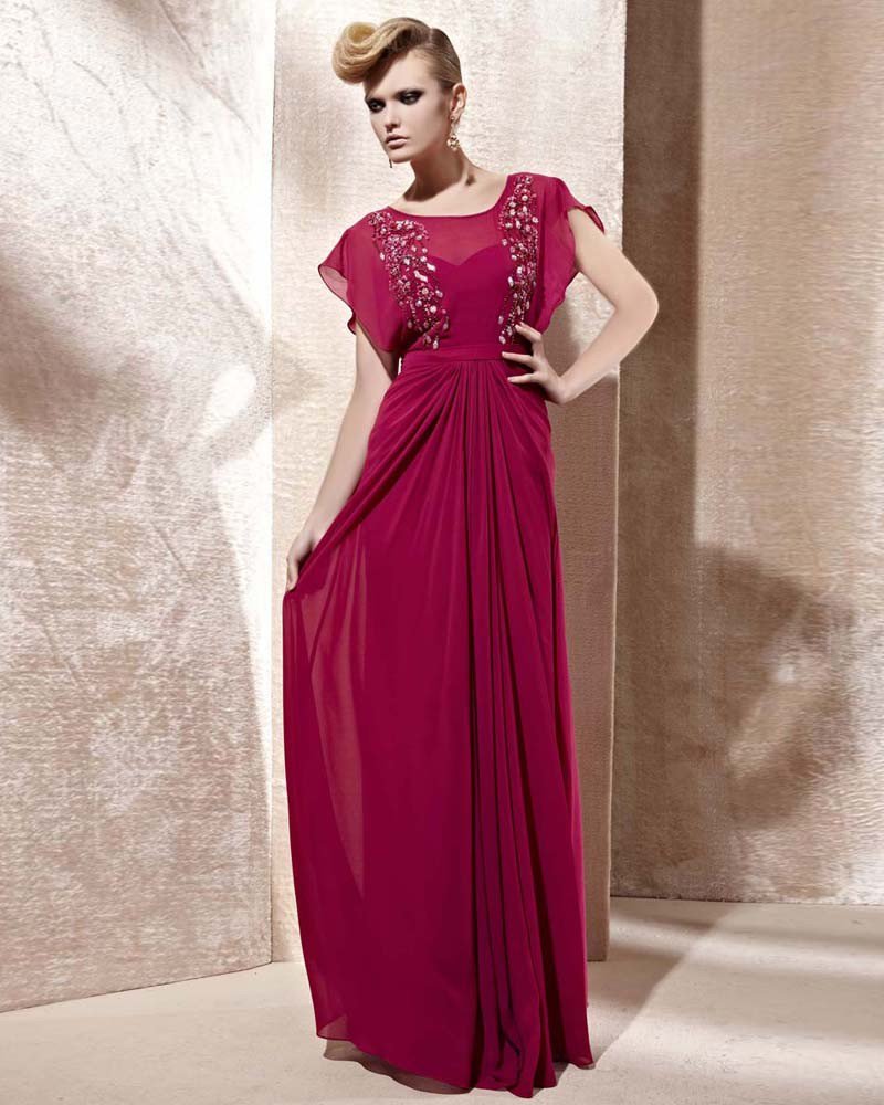 Scoop Neck Beading Ruffle Shorts Sleeve Zipper Floor Length Charmeuse Woman Evening Dress