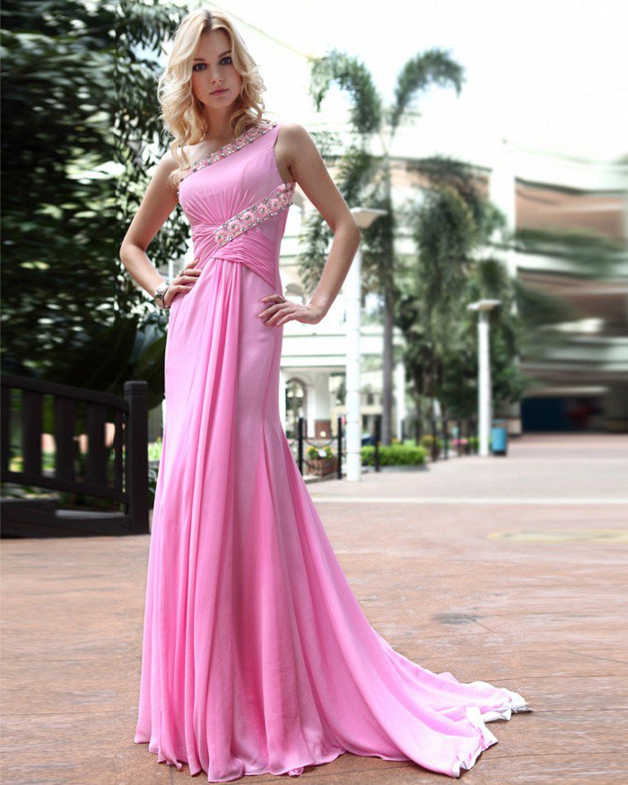 Silk One Shoulder Drape Applique Rhinestone Floor Length Evening Dress