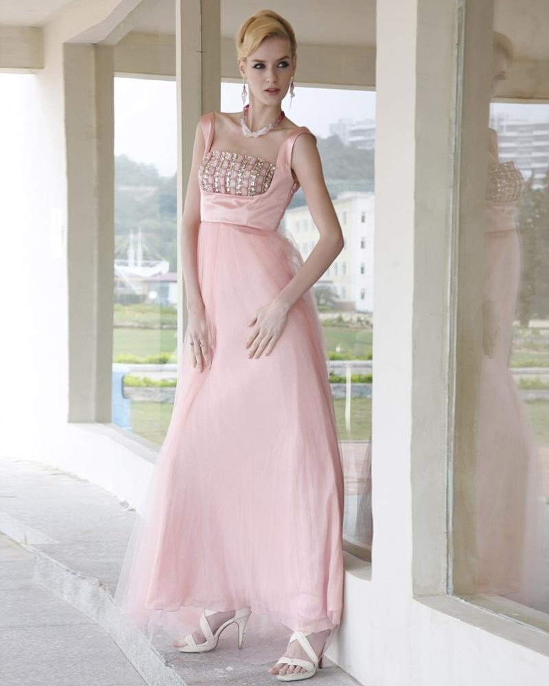 Charmeuse Rhinestone Mesh Pleated Beading Square Neck Ankle Length Evening Dresses