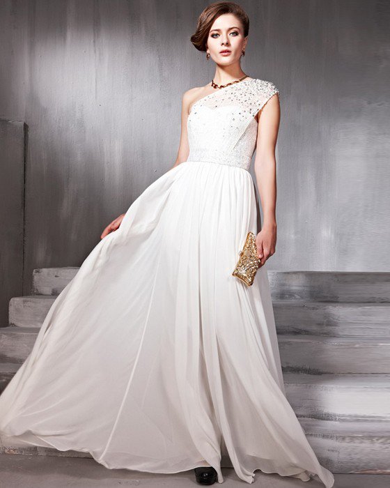 Lace Sequins Chiffon Charmeuse Beading One Shoulder Floor Length Evening Dresses