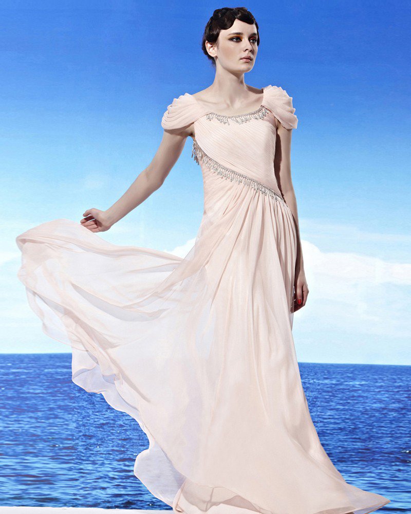 Round Neck Draped Wrap Shoulder Beading Sleeveless Floor Length Tencel Woman Evening Dresses