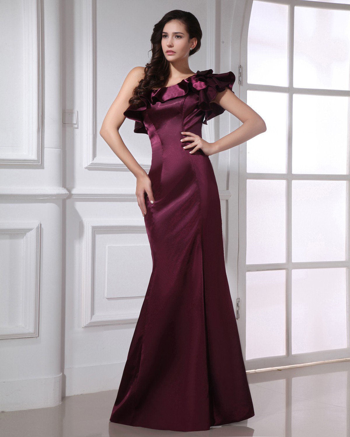 Fashion Charmeuse Ruffle Sloping Floor Length Evening Dress