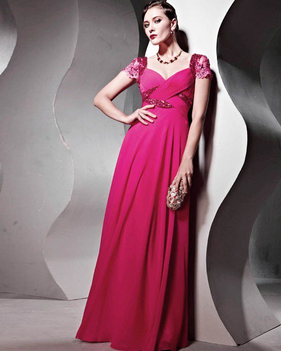 Beaded Sequin Tulle Charmeuse Chiffon V Neck Floor Length Evening Dresses