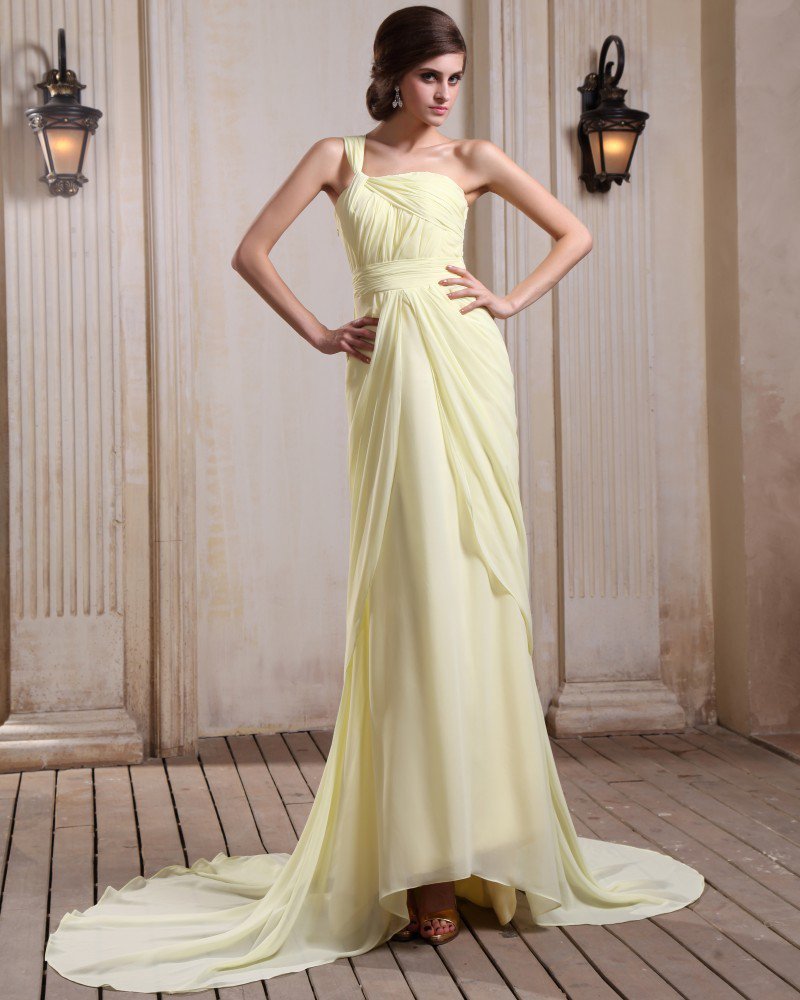 Sleeveless Chiffon Ruffles One Shoulder Chapel Train Evening Gowns
