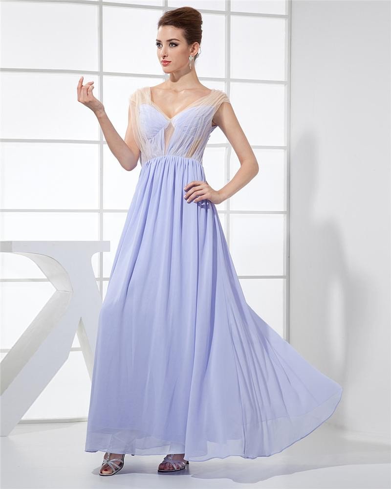 Fashion Chiffon Charmeuse Silk Gauze V Neck Floor Length Sleeveless Women Evening Dress