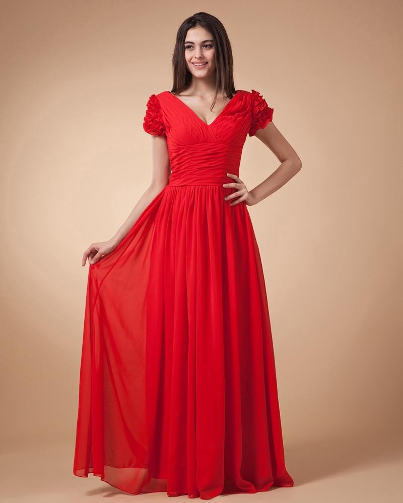 Elegant Chiffon Ruffle Beading Oblique V Collar Evening Dresses