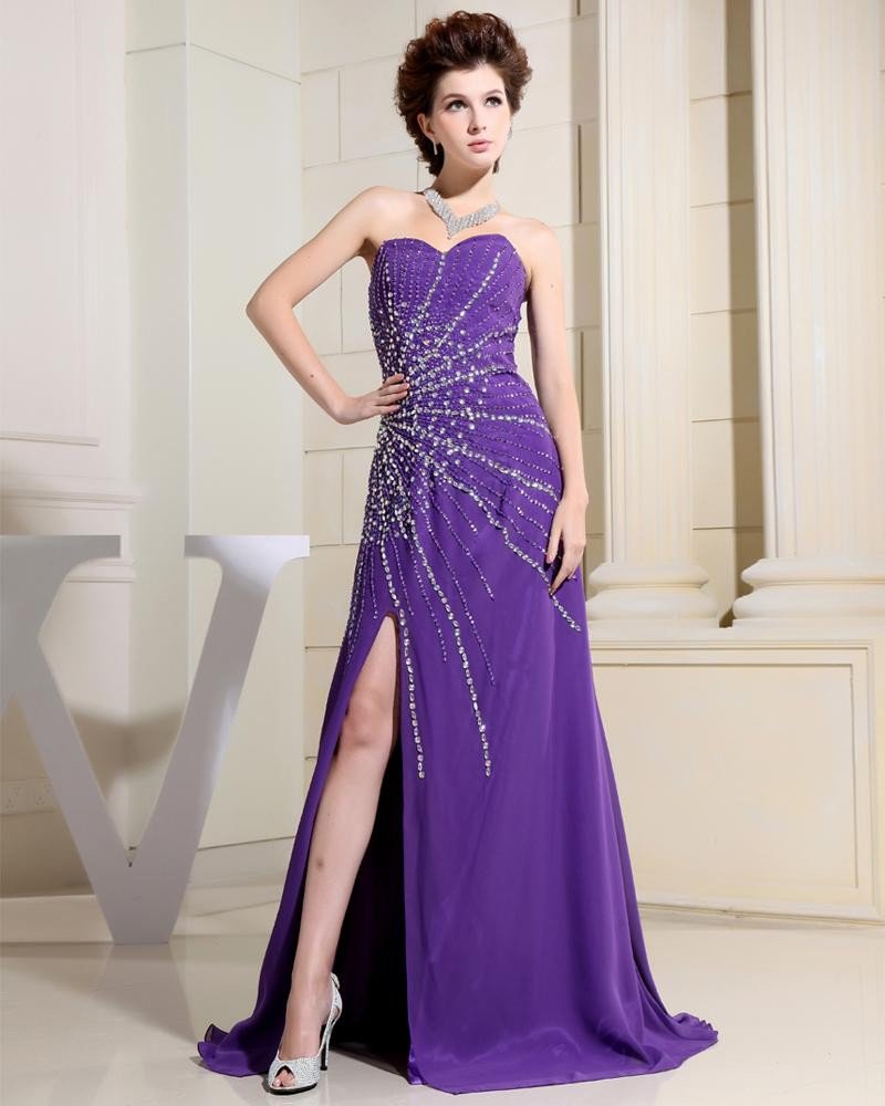 Sweetheart Sleeveless Zipper Beading Floor Length Chiffon Elastic Silk Like Satin Silk Woman Evening