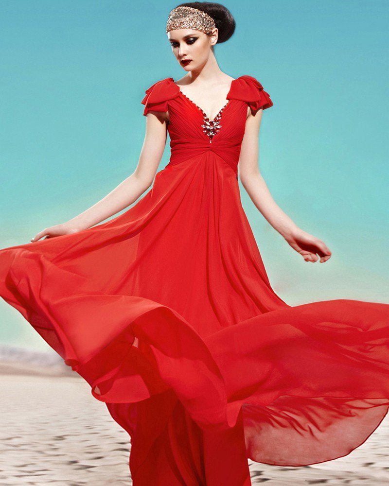 V Neck Beading Ruffle Petal Sleeve Zipper Empire Floor Length Charmeuse Woman Evening Dress