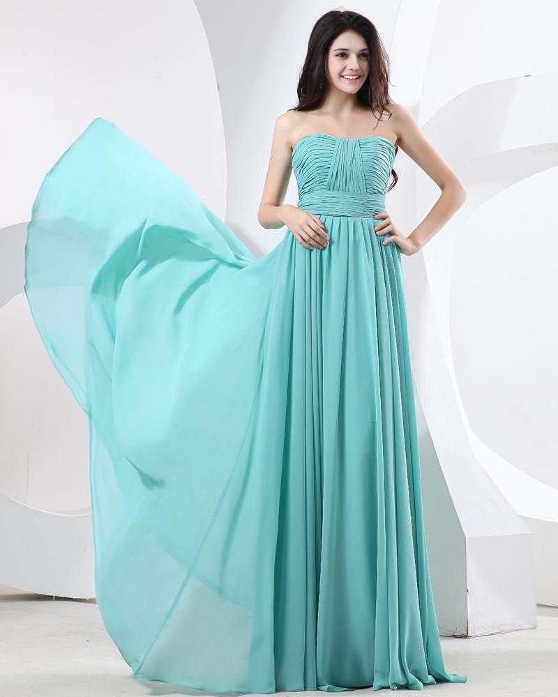 Bule Chiffon Strapless Ruffle Floor Length Evening Dresses