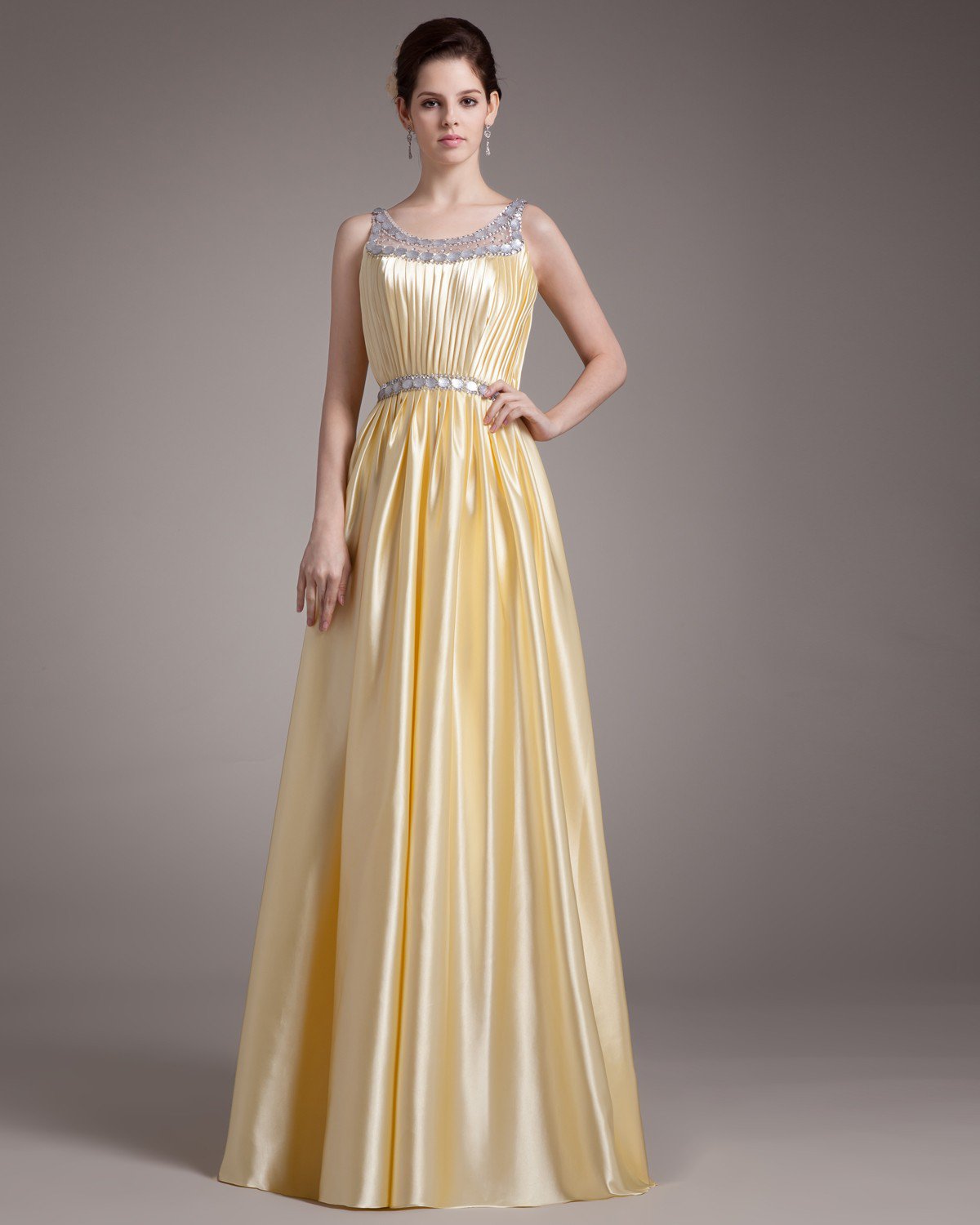 Elegant Beading Ruffles Scoop Floor Length Charmeuse Evening Dress