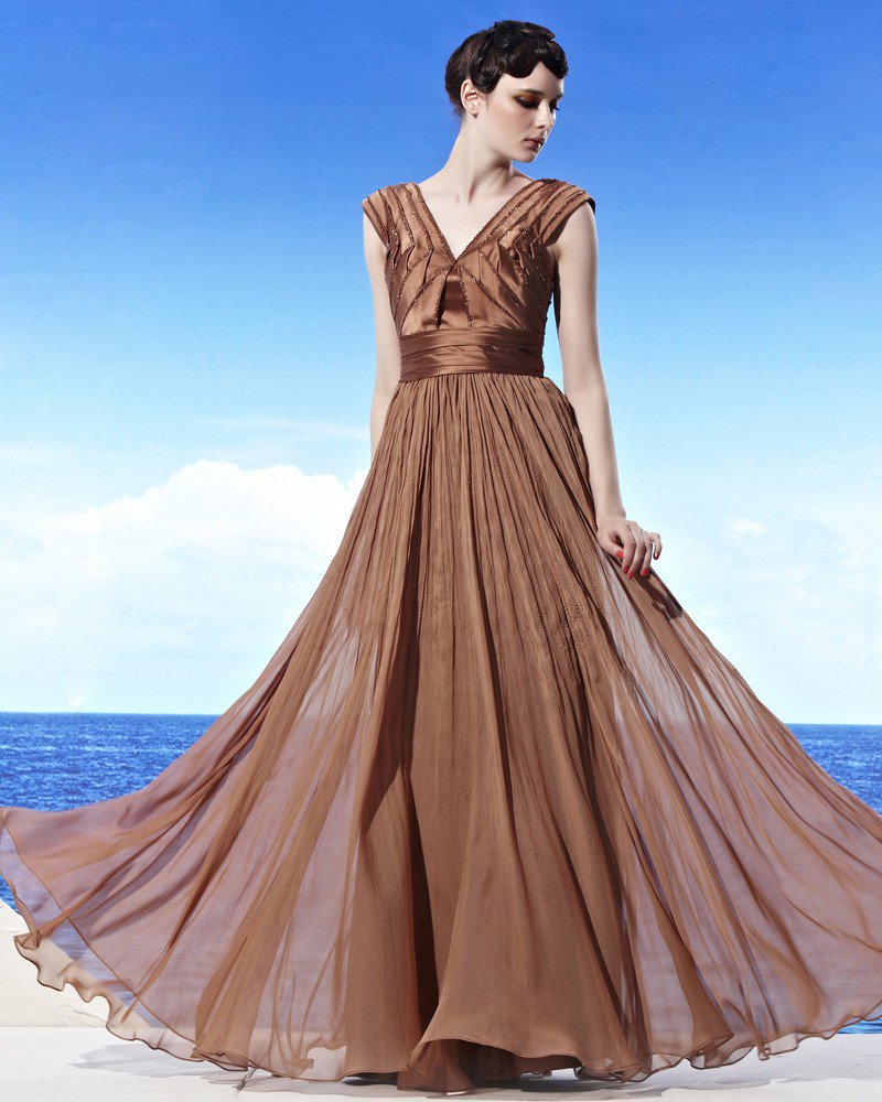 Elegant Floor Length V Neck Empire Beading Tencel Woman Evening Dress