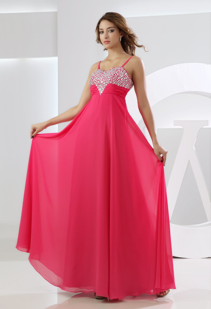 Sweetheart Spaghetti Beading Ruffle Sleeveless Zipper Floor Length Chiffon Silk Woman Evening Dress