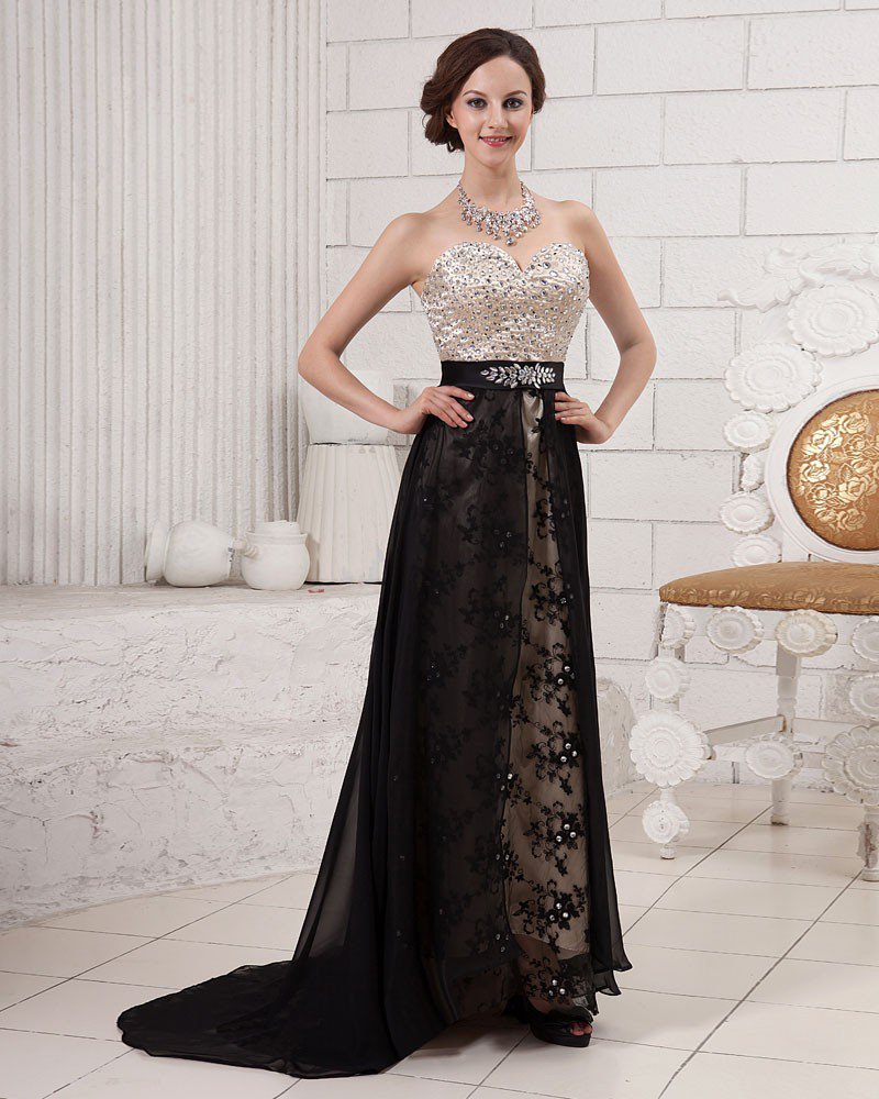 Joint Embroidery Beading Sweetheart Neck Backless Satin Chiffon Evening Dress