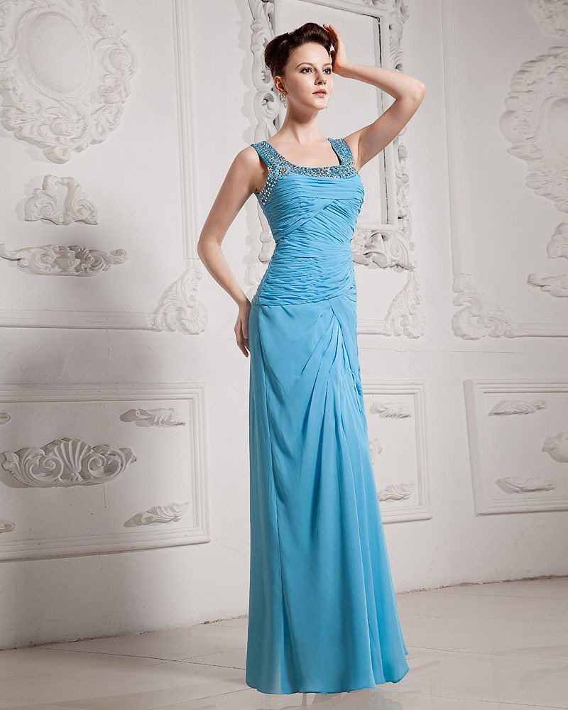 Chiffon Ruffle Beading Square Neck Floor Length Graduation Dress