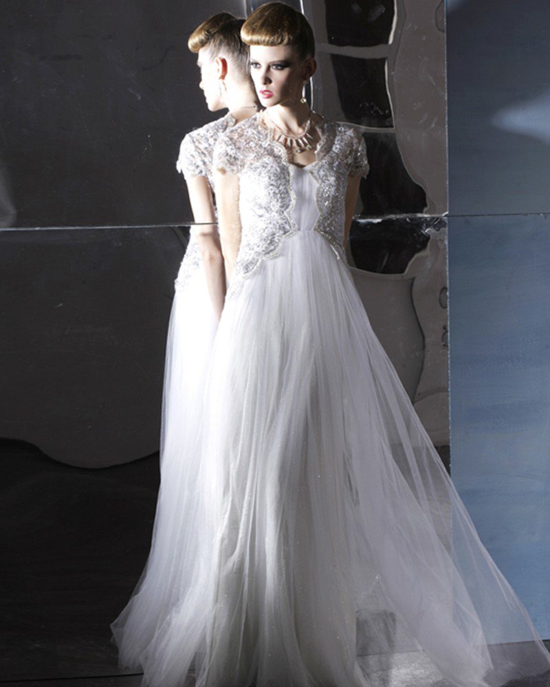 Rhinestone Gold Tulle Charmeuse Jewel Embroidery Bead Floor Length Evening Dress