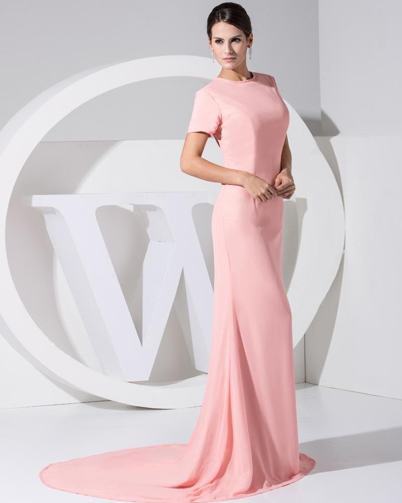 Chiffon Elastic Silk Like Satin Silk Round Collar Short Sleeve Backless Court Train Celebrity Dress