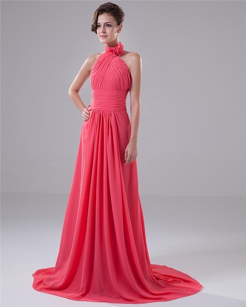 Halter Chiffon Ruffles Backless Court Train Evening Dress