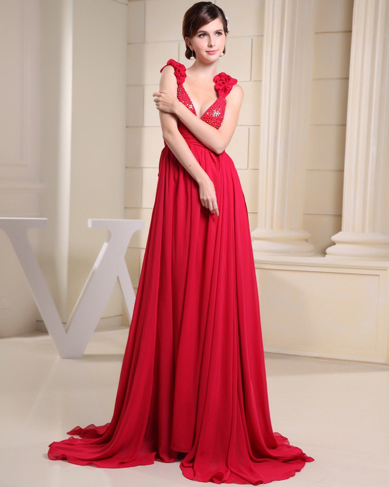 Stylish Solid Satin Chiffon Silk Spaghetti Straps Sequins Sleeveless Backless Pleated Court Train Pr