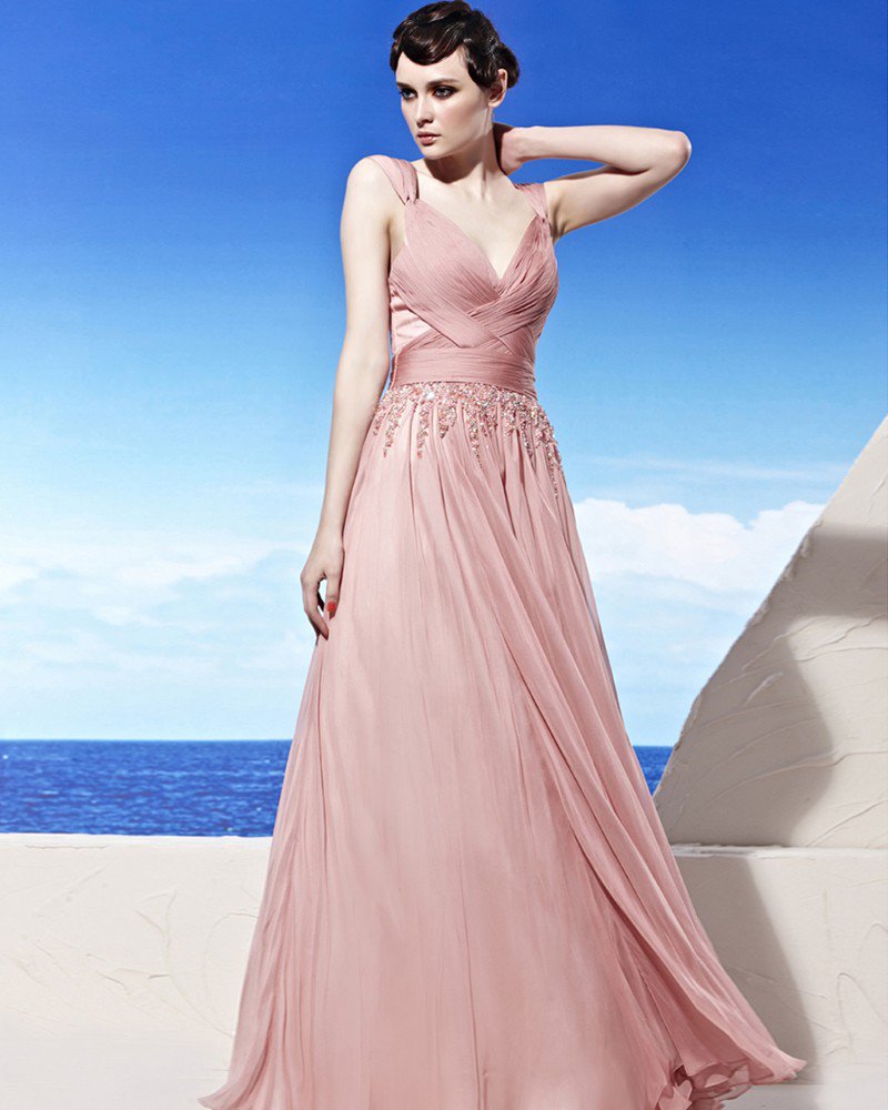 V Neck Floor Length Sleeveless Flower Rhinestone Tencel Empire Woman Evening Dress