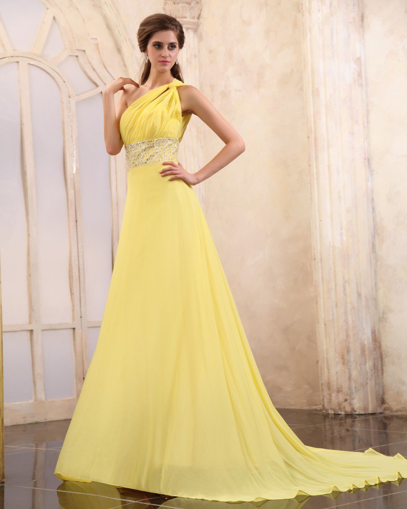 Chiffon Beading Pleated One Shoulder Chapel Train Evening Dresses