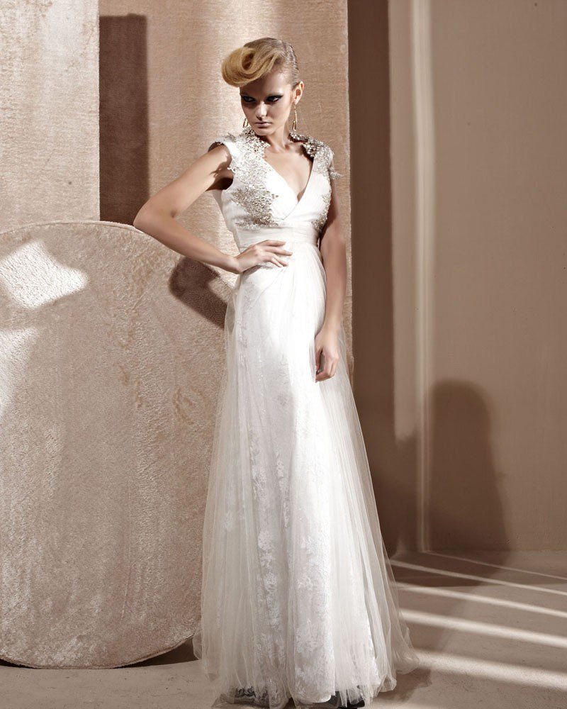 Charmeuse Sequined Tulle Beading Lace V-Neck Floor-Length Evening Dresses