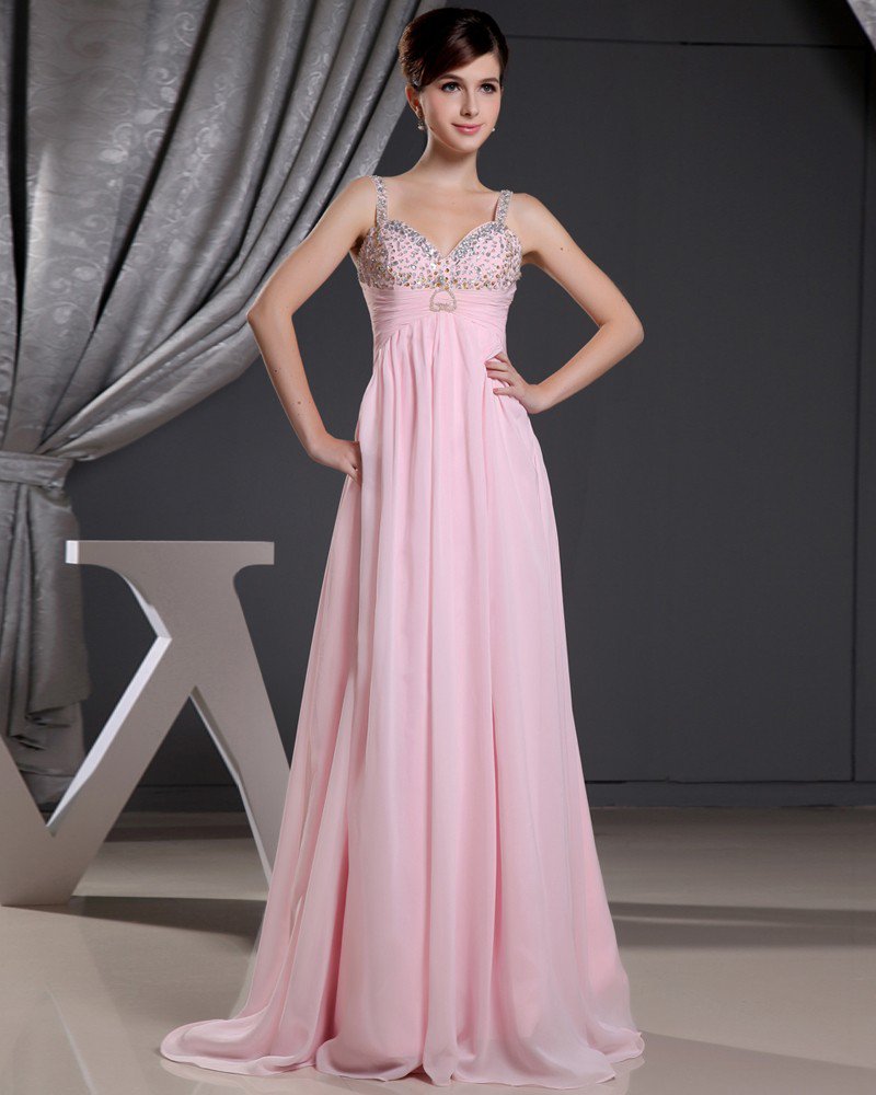 Fashion Chiffon Charmeuse Silk Beaded Pleated Spaghetti Straps Floor Length Sleeveless Women Evening