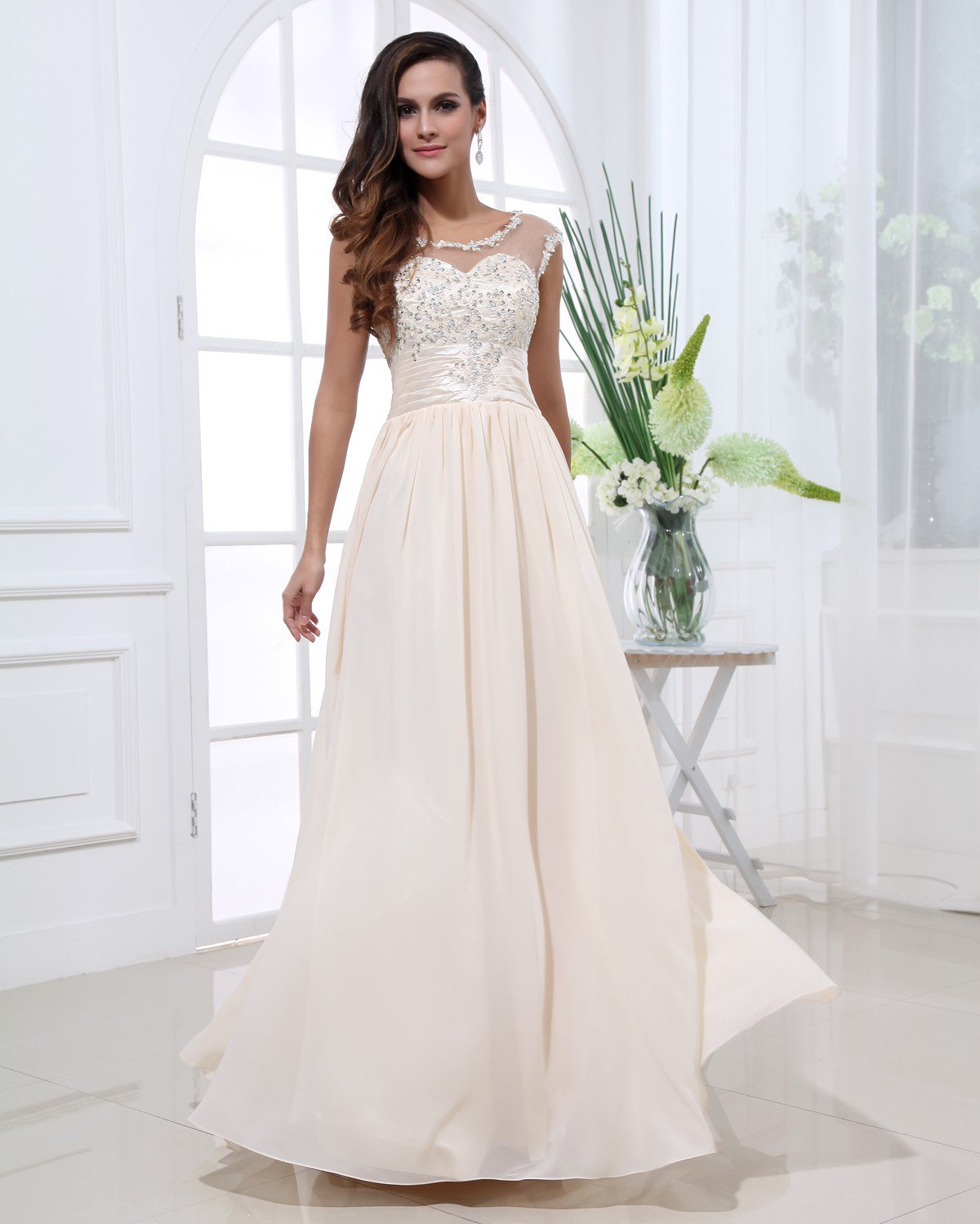 Chiffon Gauze Beading Scoop Sleeveless Zipper Floor Length Pleated Evening Dress