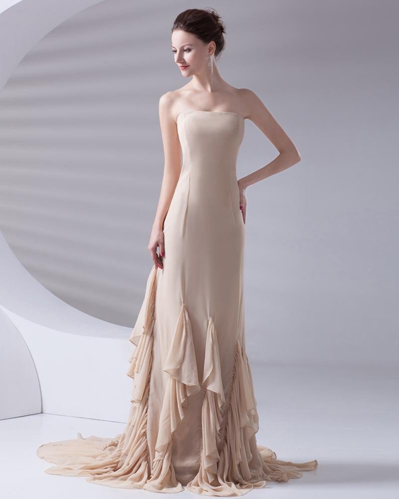Fashion Strapless Floor Length Ruffle Chiffon Celebrity Dress