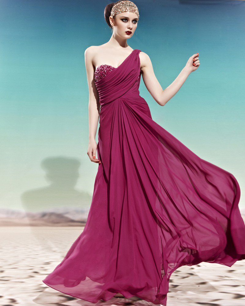 Sweetheart One Shoulder Beading Ruffle Sleeveless Backless Floor Length Charmeuse Woman Evening Dres