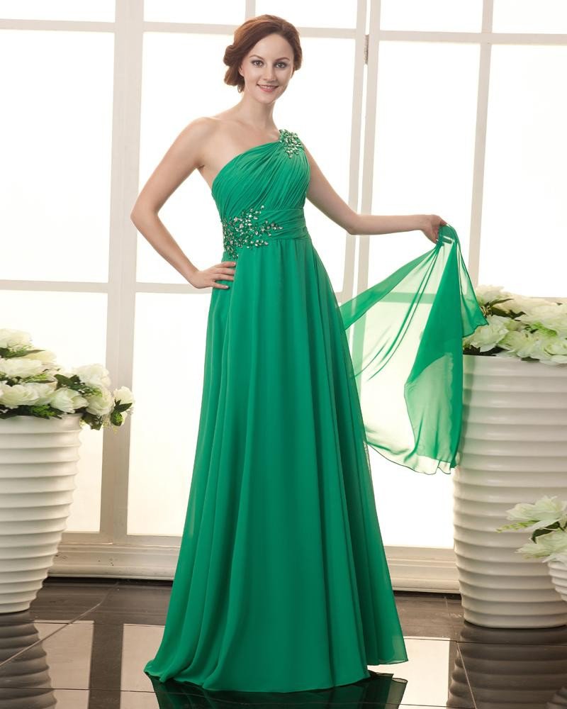 Chiffon Beads One Shoulder Floor Length Plus Size Evening Dresses