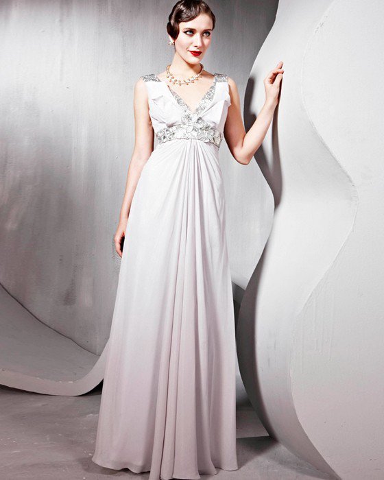 Beading Silk Tulle Charmeuse V Neck Floor Length Evening Dresses
