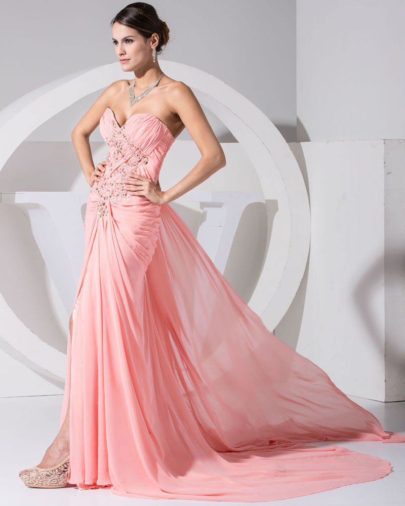 Fashion Chiffon Charmeuse Silk Pleated Sweetheart Rhinestones Beaded Court Train Women Evening Dress