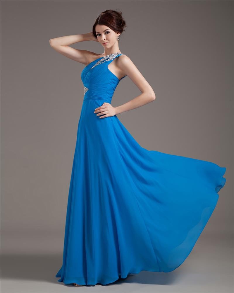One Shening Dressesoulder Chiffon Pleated Beading Floor Length Plus Size Evening Dresses
