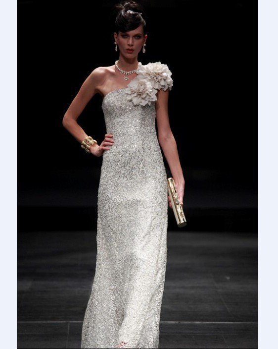 One Shoulder Silver Filament Laser Flowers Floor-length Women's evening Dress