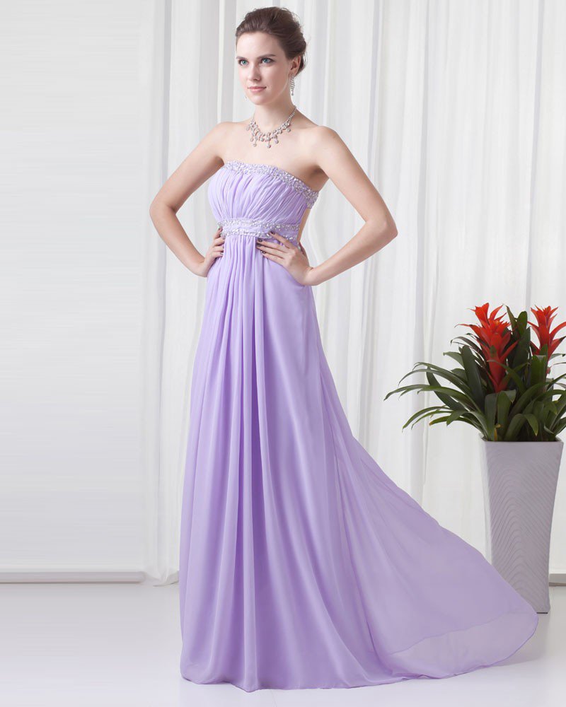 Elegant Beading Ruffle Strapless Floor Length Chiffon Evening Dresses