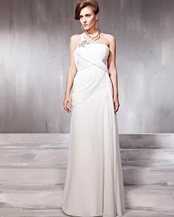Sequin Lace Chiffon Charmeuse One Shoulder Beading Floor Length Evening Dresses