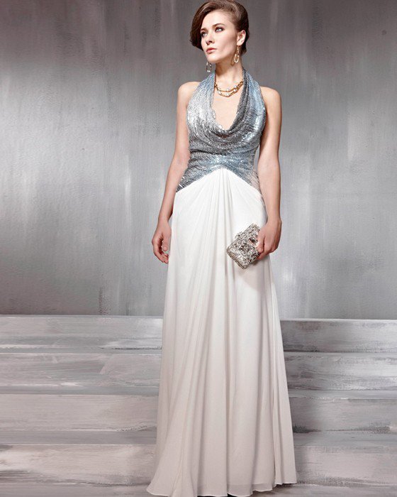 Silk Tulle Charmeuse Pleated Halter Floor Length Evening Dresses