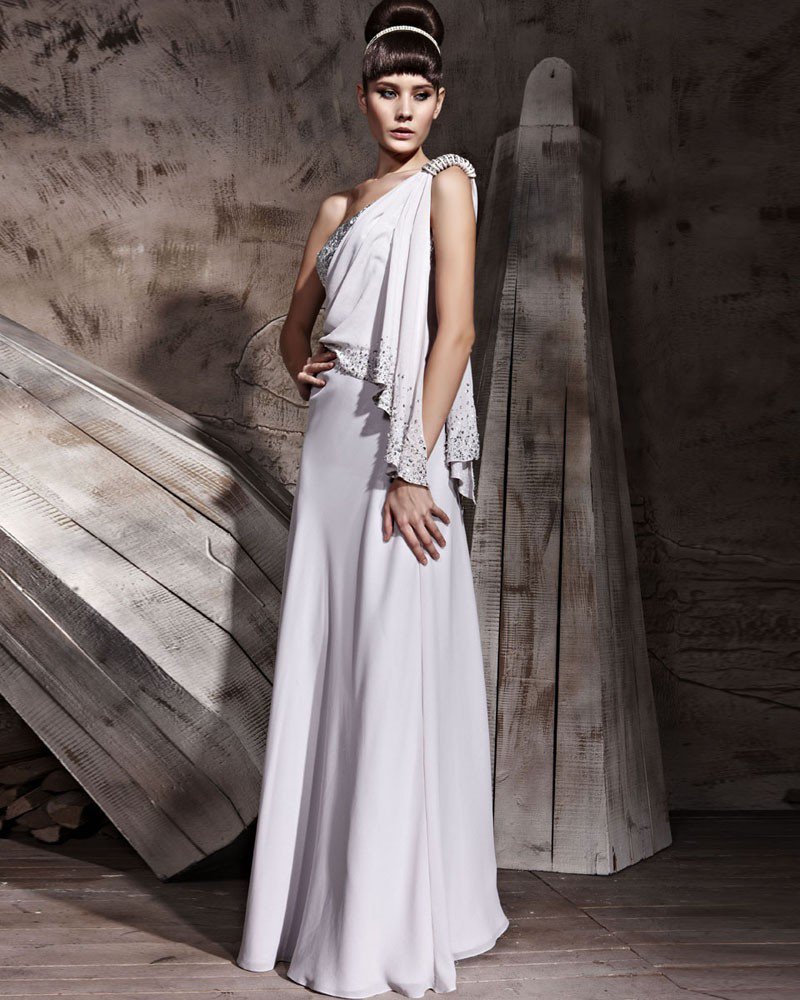 Single Shoulder Floor Length Chiffon Evening Dresses