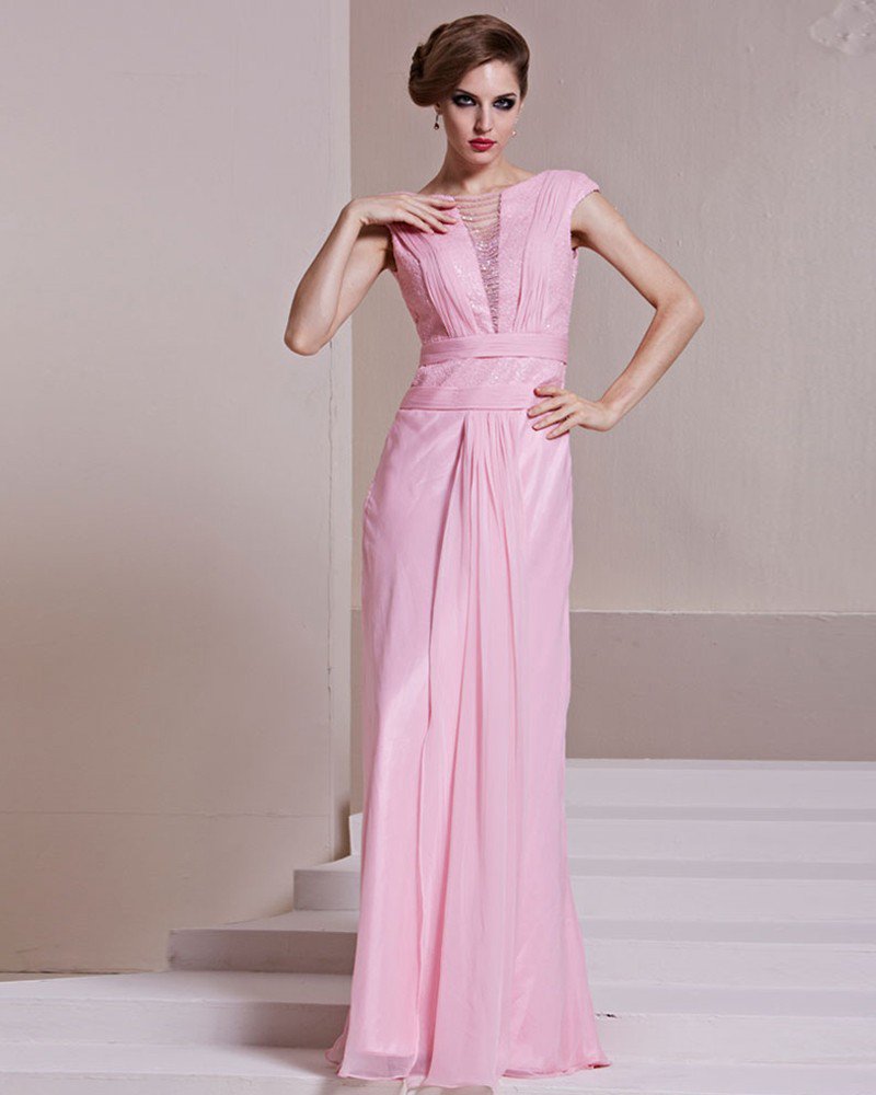 Fashion Tencel Charmeuse Gauze Beaded Boat Neck Sleeveless Floor Length Evening Dress