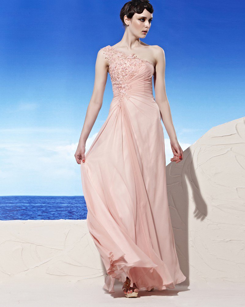 One Shoulder Applique Sleeveless Backless Ruffle Floor Length Tencel Woman Evening Dresses