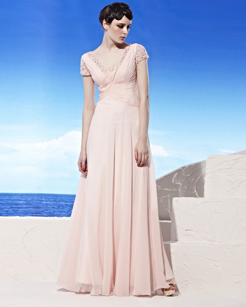 V Neck Embroidery Ruffle Short Sleeve Floor Length Tencel Woman Evening Dresses