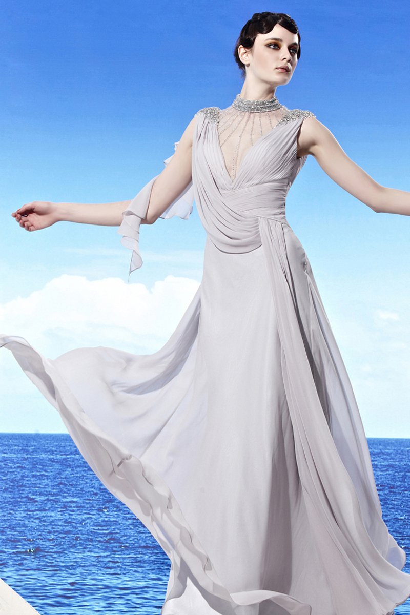V Neck Ruffle Beading Sleeveless Zipper Floor Length TencelWoman Evening Dresses