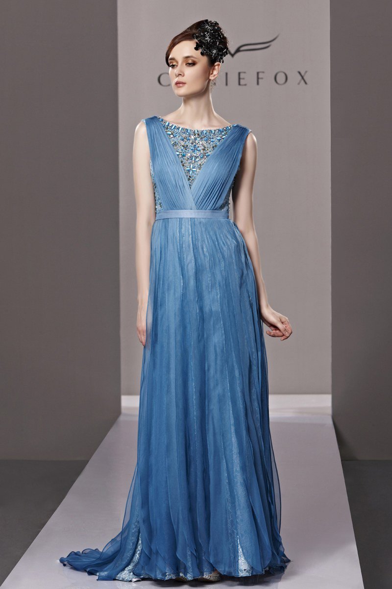 Bateau Beading Floor Length Tencel Woman Evening Dress