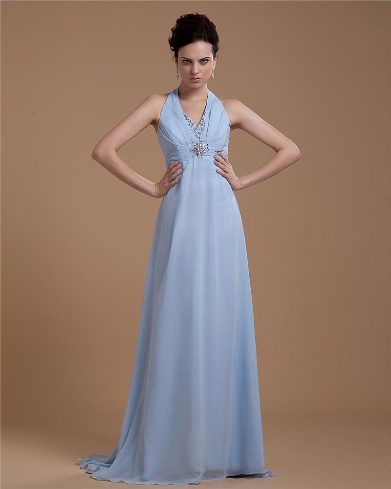 Halter Ruffle Beading Chiffon Floor Length Plus Size Evening Dresses