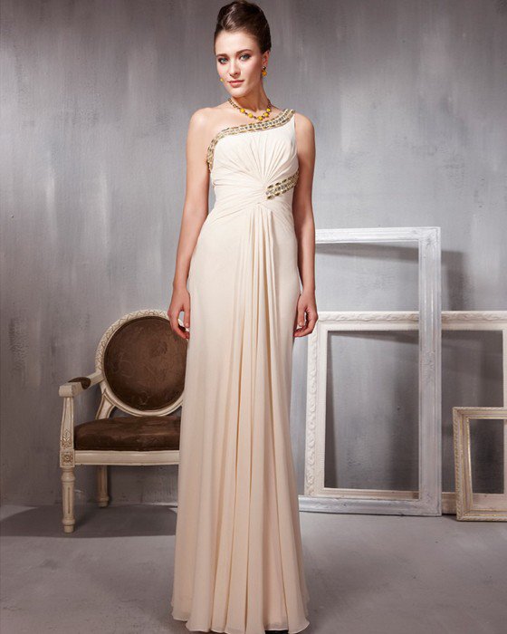 Chiffon Charmeuse Hand Flower Beading One Shoulder Floor Length Evening Dresses