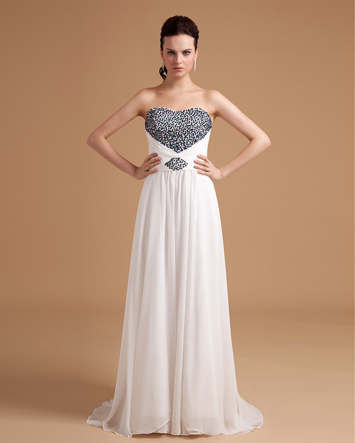 Chiffon Sweetheart Pleated Bead Floor Length Ball Gown Evening Dress
