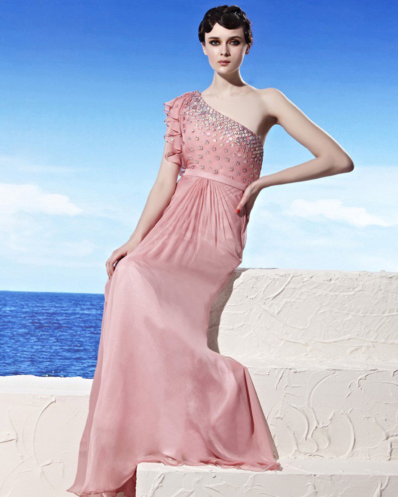 Sloping Neckline Ruffles Sleeve Beading Floor Length Tencel Empire Woman Evening Dress