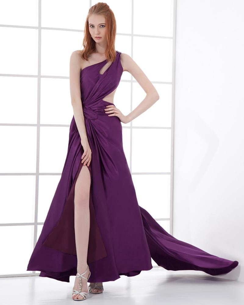 Fashion Charmeuse Pleated One Shoulder Floor Length Evening Dress