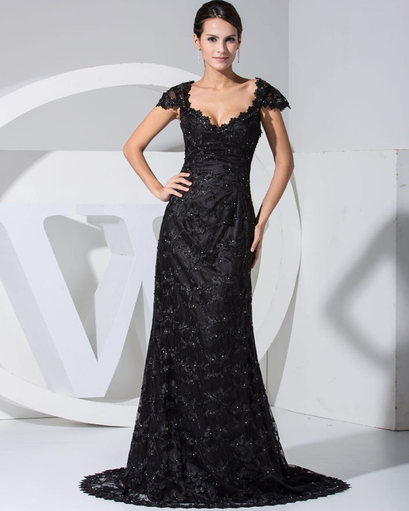 Lace Elastic Silk Like Satin Silk Beading V Neck Sleeveless Zipper Court Train Evening Dress